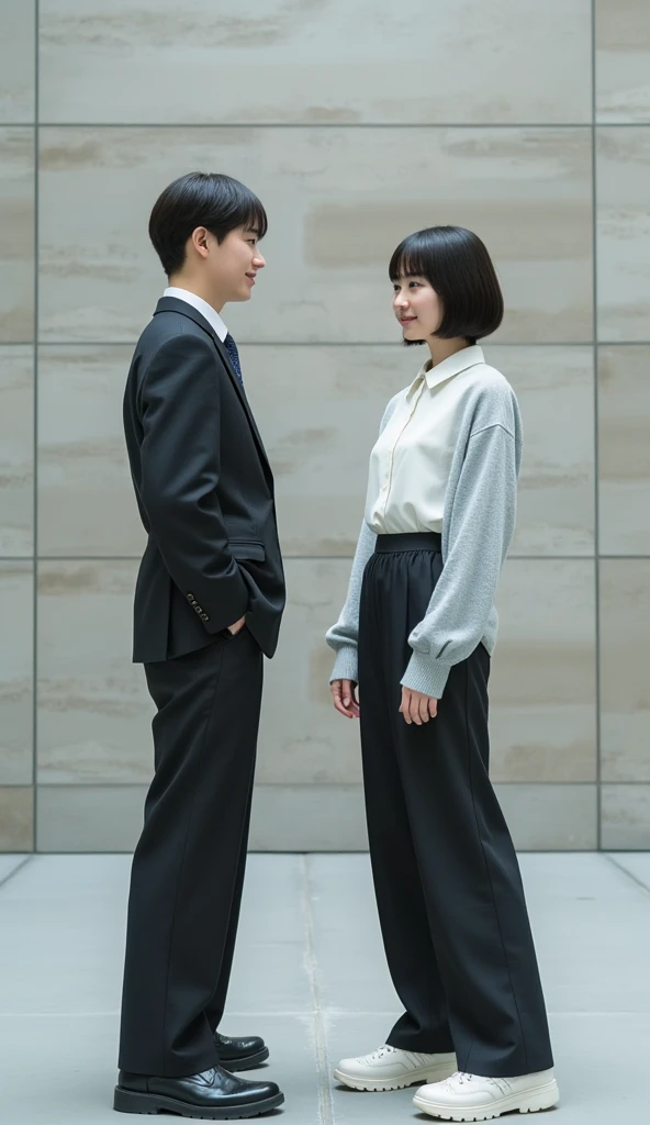 full body（ from head to foot）Capturing 、2 people in front while standing and smirking（man and woman）from the back、clearly depict the posture to make fun of。reflect a height of 155 cm in consideration of perspective、placed small in the back。
 28 year old J...