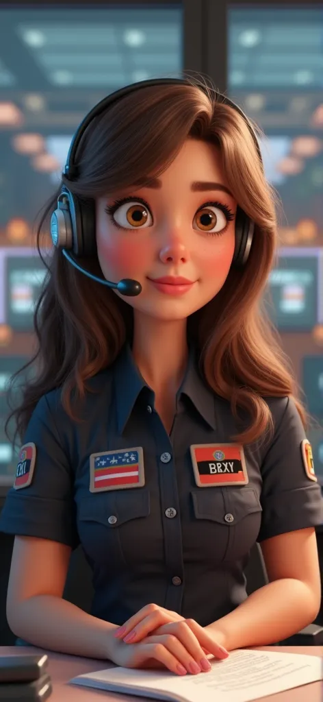 Aqui está o prompt para essa imagem no estilo Disney-Pixar 3D:  

**"A young female emergency dispatcher with long, wavy brown hair and expressive eyes, wearing a dark uniform with reflective stripes, sits at her workstation in a modern emergency call cent...