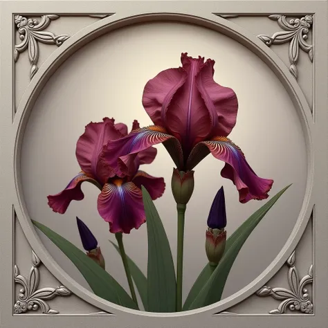 burgundy irises flowers on a taupe background in a gray mosaic style frame 