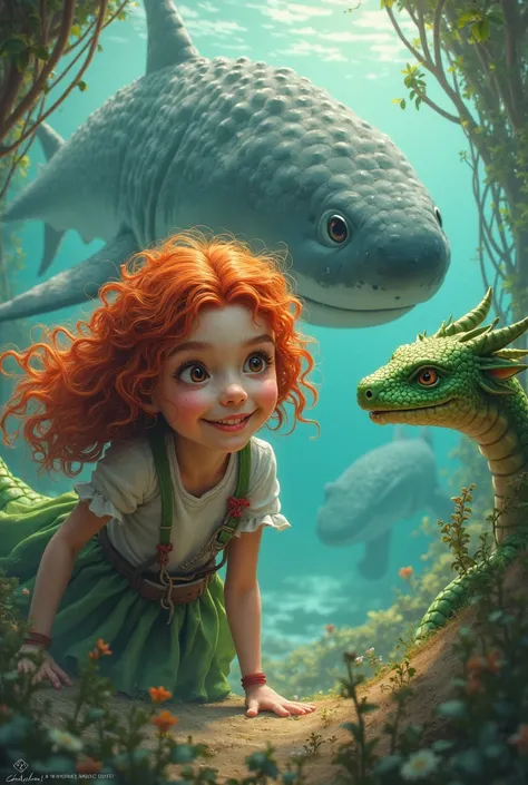 girl with curly red hair and brown eyes and Fang,His friend green dragon, With a whale shark