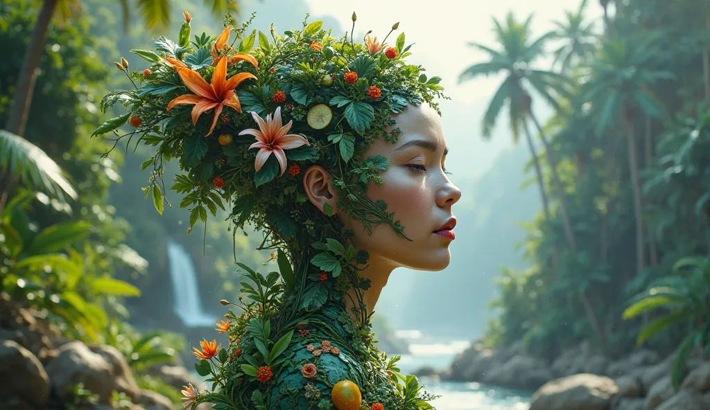 a humanoid artificial intelligence woman with a body made of tropical plants uniting digital and natural