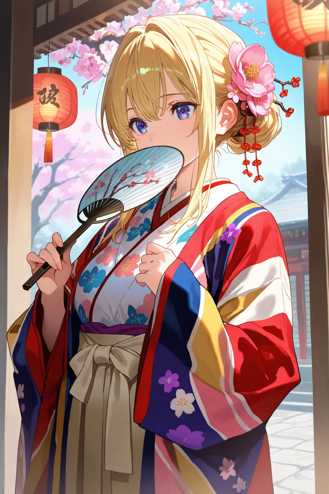 (35 years old:1.2),1 woman , Gold hair, single hair bun,violet eyes,with see-through bang ,sidelocks ,masterpiece,best quality ,shiny skin, open mouth,BREAK
ohinasama, japanese clothes, layered kimono, long sleeves, sleeves past wrists, wide sleeves, print...