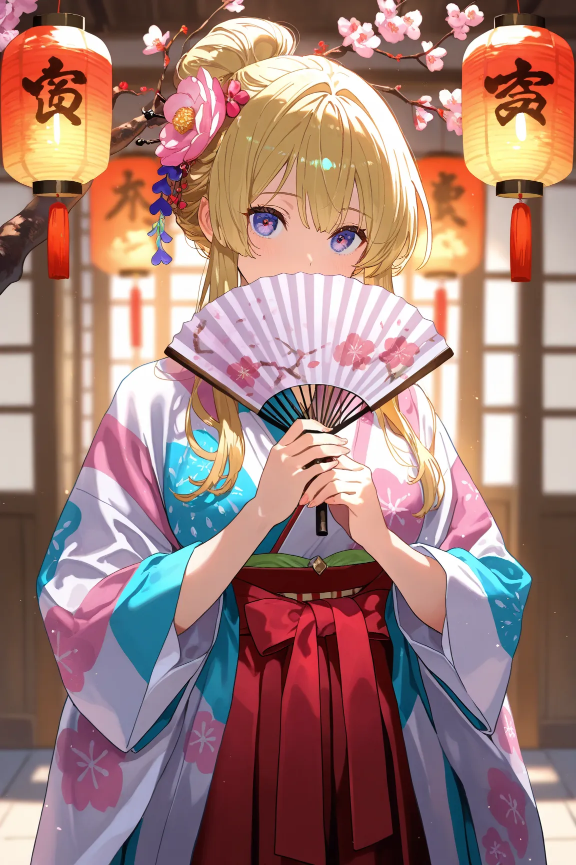 (35 years old:1.2),1 woman , Gold hair, single hair bun,violet eyes,with see-through bang ,sidelocks ,masterpiece,best quality ,shiny skin, open mouth,BREAK
ohinasama, japanese clothes, layered kimono, long sleeves, sleeves past wrists, wide sleeves, print...