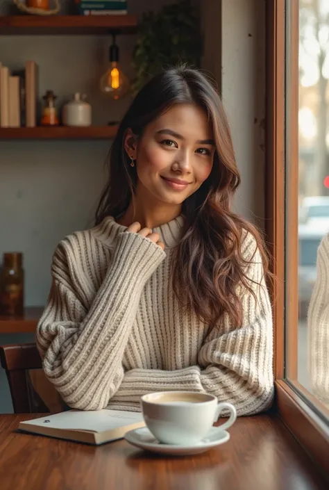 8k hyper detailed 3d render image style art. Brunette woman with tan. A beautiful, athletic woman in a cozy sweater and jeans, smiling warmly at a coffee shop, sunlight streaming through the window, a book and coffee in front of her, exuding intelligence a...