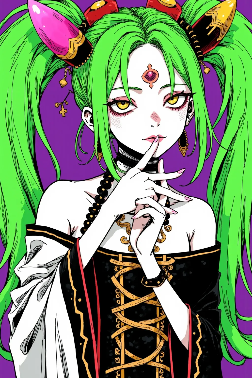 (has the best quality, sketch:1.2),practical,Illustrator ,cunning， Japanese cartoon ,1 girl,  Hatsune Miku ，detailed lips, hand，Off Shoulder， Neon long hair , high ponytail green ， masterpiece,  This style is retro, DJ