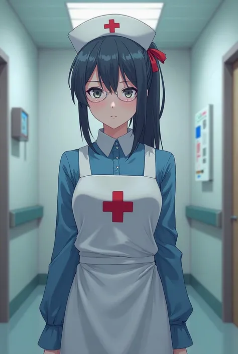 a young woman of 18 years old with very dark blue hair her hair is tied in a tail with a red ribbon,  dark gray eyes , white skin,   slapped nose,  with a frown,  intense look, she wears transparent heart-type lenses, she wears a blue nurse's uniform with ...