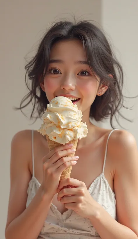 (Ultra realistic), A human character (hole body) happily eating ice cream ,realistic