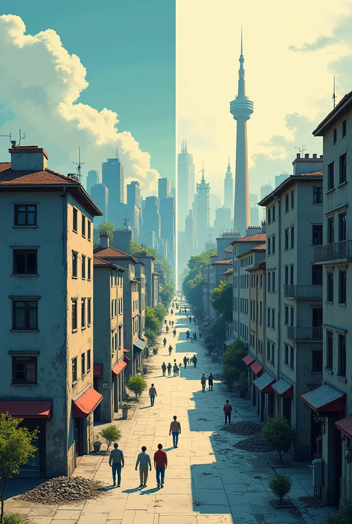 "A split-screen illustration. The foreground depicts a bleak, gray communist society—identical buildings, unmotivated workers, empty stores, and abandoned factories. The background, as an idealized vision, shows a thriving, prosperous city with innovation,...