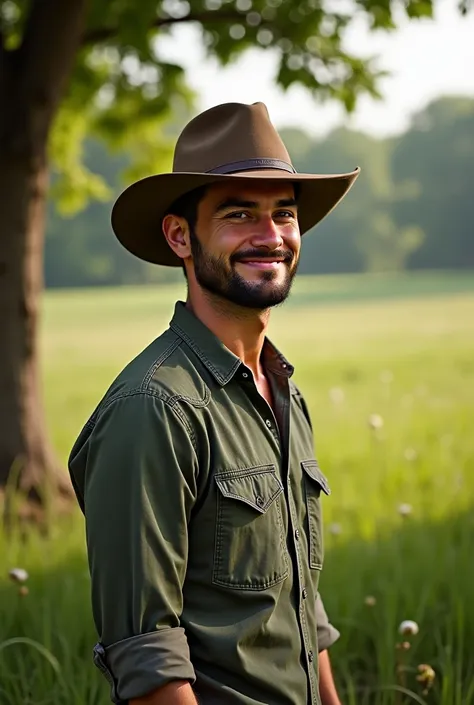 Alejandro, a 32-year-old young adult with a trimmed beard, on his meadow and tree farm. ,wearing less formal clothing and wearing a hat 