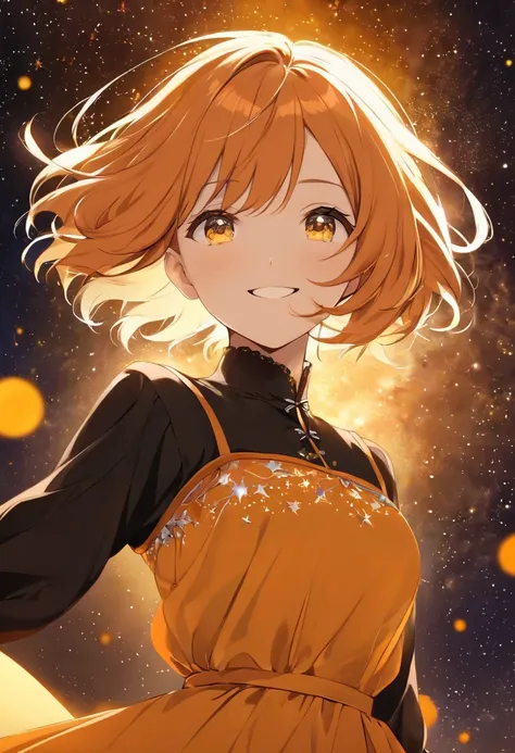   Adult Female,  short orange hair and yellow eyes、 face up、Fearless Smile、underexposed European dress、orange starry background