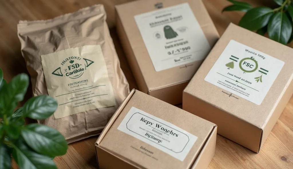 A close-up shot of eco-conscious packaging materials, including biodegradable garment bags, FSC-certified paper boxes, and soy-based ink printing, displayed on a natural wood surface with green leaves for an organic aesthetic