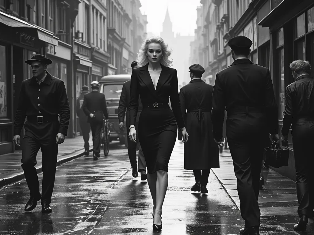 Black and white photo of a young Mamie van Doren, walking down a London street