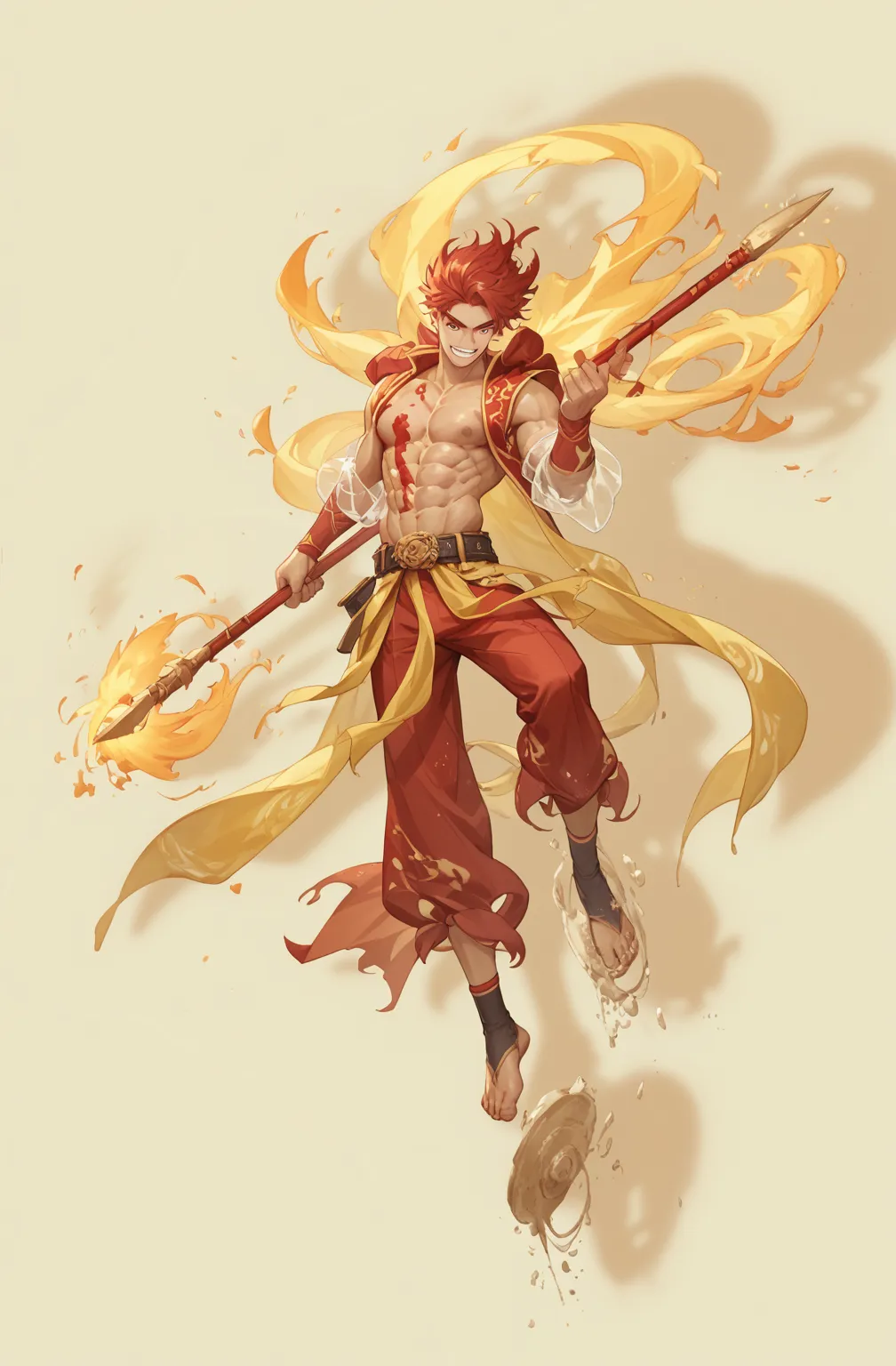 Chinese black and white ink painting, overall illustration style, CGI image of nezha, a handsome Asian male youth, dark red medium long head floating into the air, wearing a red and gold vest, with strong abs, chest muscles, wearing a belt, and red ribbons...