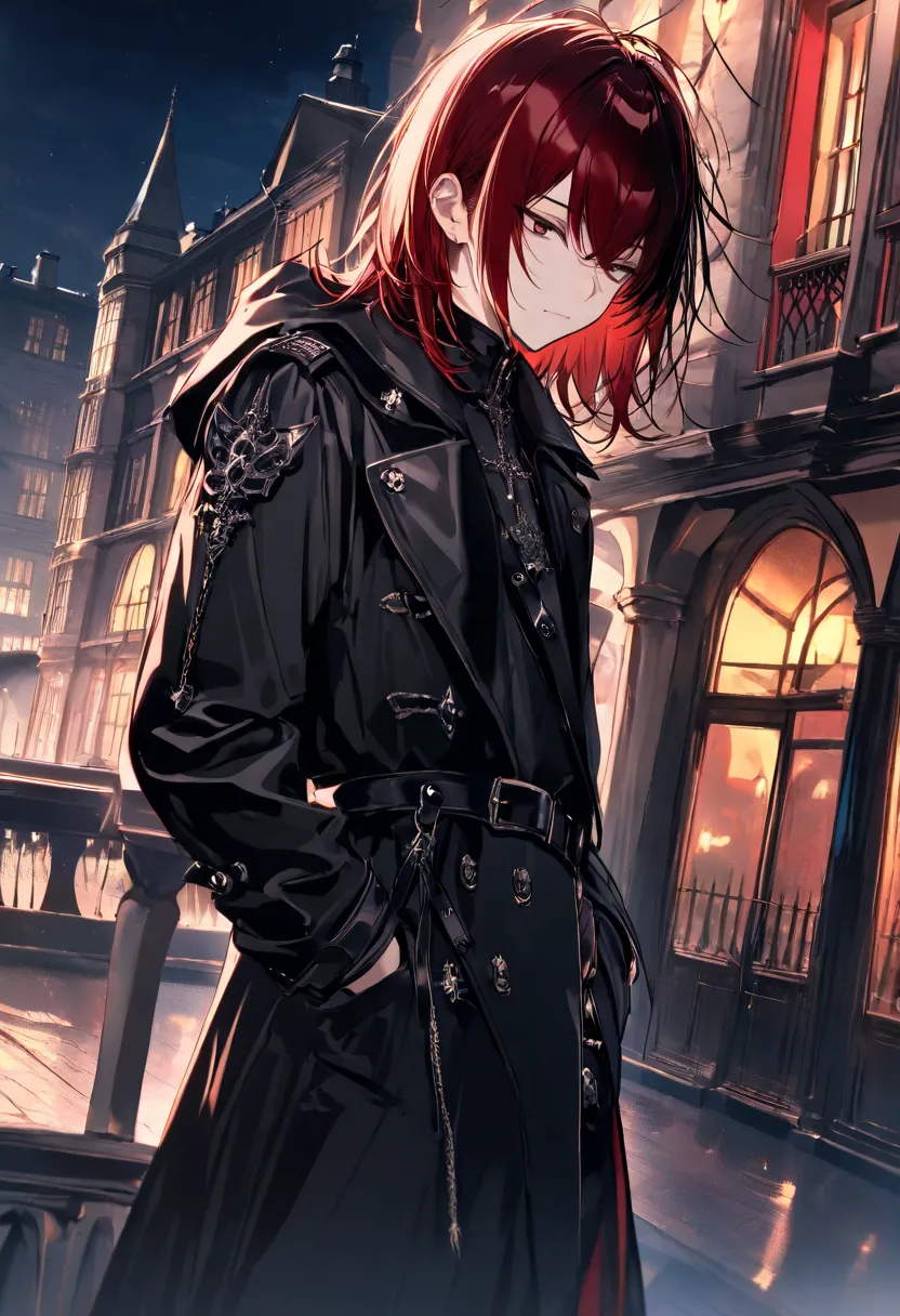 1boy, dark red hair, medium hair, straight hair, messy hair,double-parted hair,goth hairstyle,london,  night, black trench coat,  gothic manor, tired eyes,  masterpiece, best quality, very aesthetic, newest,