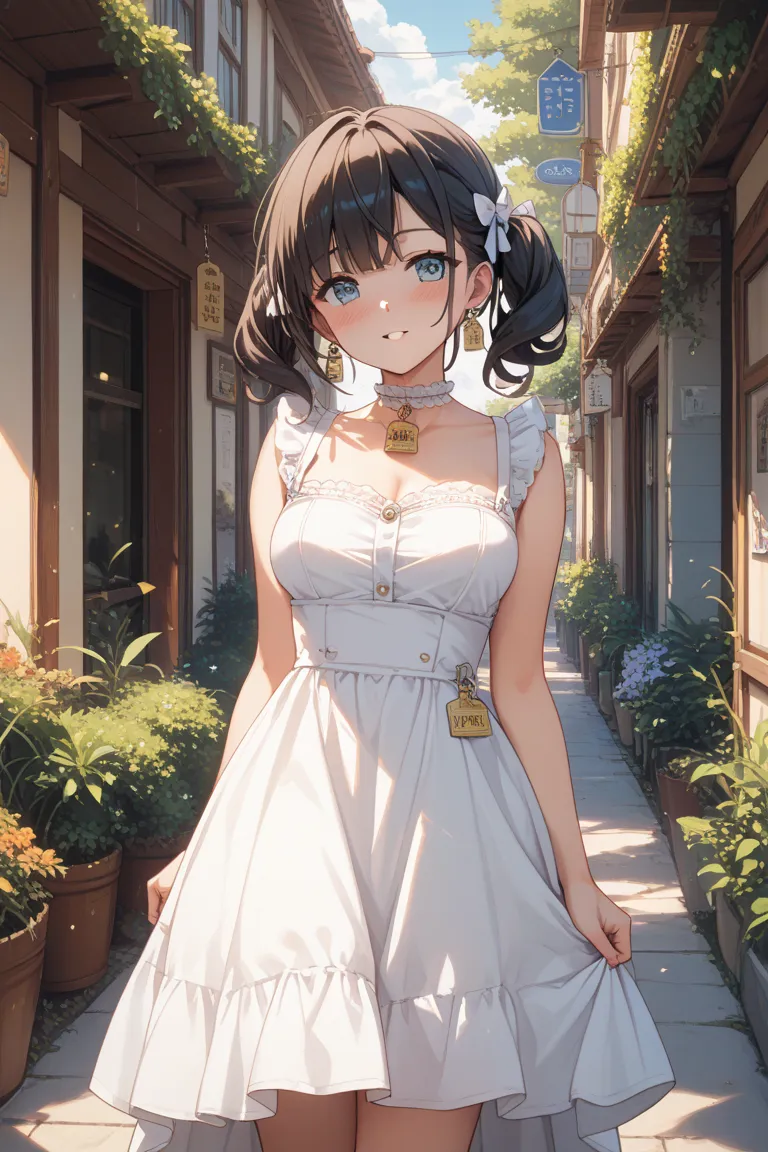 dark-haired girl farting　white dress　blush　anime style