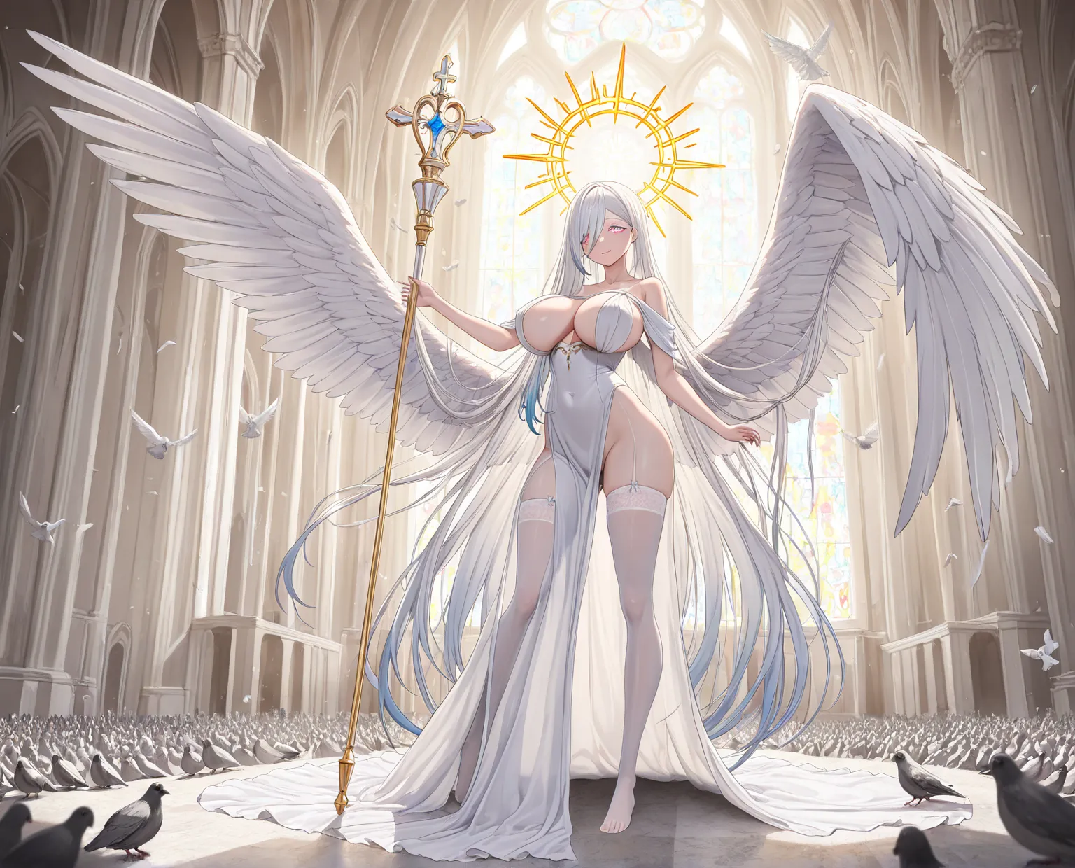 masterpiece, best quality, amazing quality, very aesthetic,  high quality, angel, six wings angel, adult female,  three pair big wings, holding a great holy Scepter,  anime, sole, very very very very long hair , High Resolution, Bright Pupils, Asymmetrical...