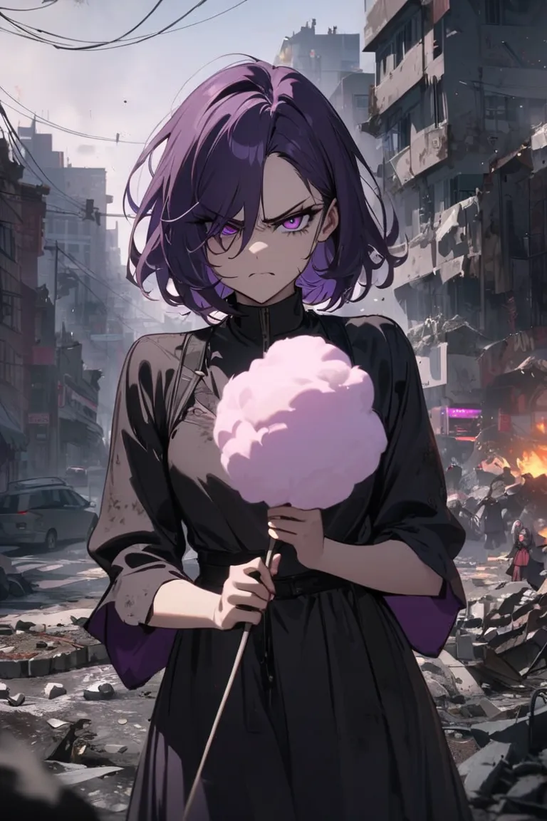 Create evil character named Manis Licik, a girl, short purple dark hair, purple eyes, dark dress, mad, angry, magic power, holding cotton candy, highquality, HD, cinematic, looking at viewer, she standing, messy city, dirty city