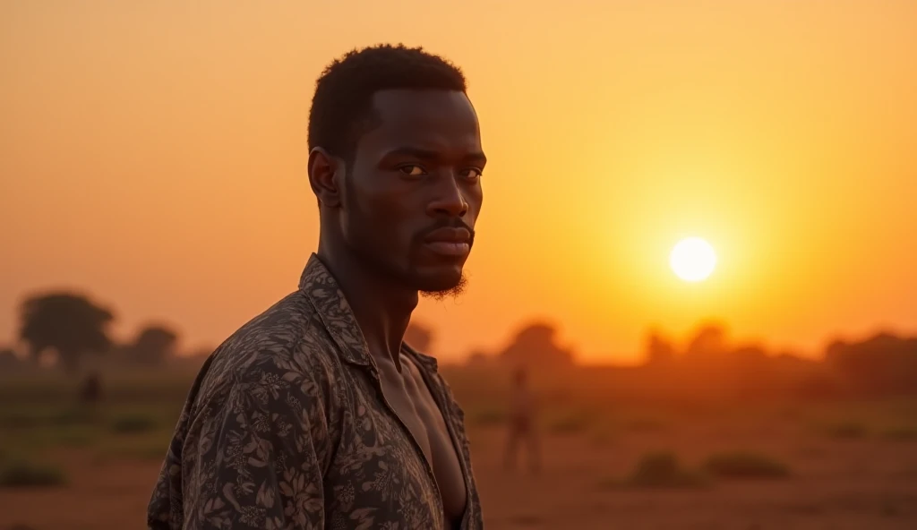 un petit village côtier en Afrique de l'Ouest, au Sénégal, au coucher du soleil, homme fort et humble, Ibrahima Diop, en tenue de pêcheur, personnage principal, visage détaillé, expression pensive, posture droite, 5 détails supplémentaires, qualité élevée,...