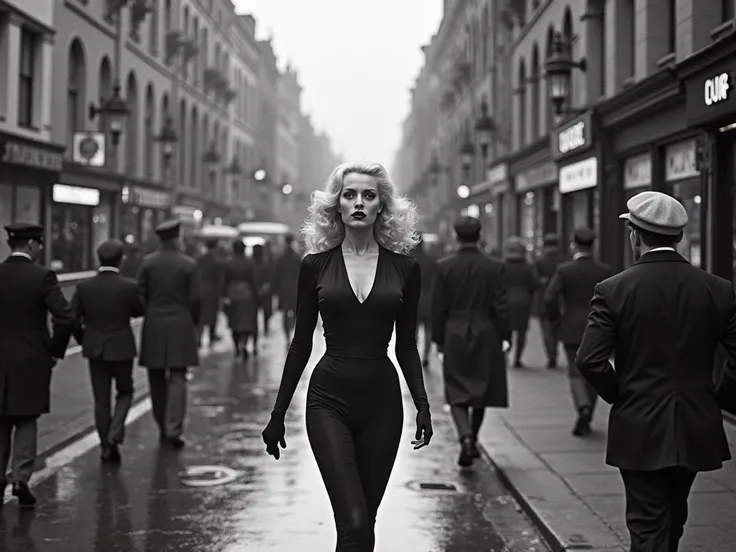 Black and white photo of a young Mamie van Doren, walking down a London street