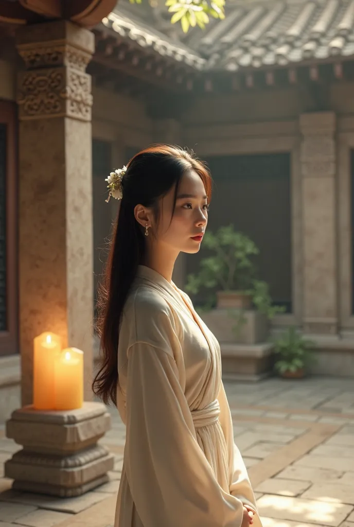 "A serene Asian woman, around 25-30 years old, with shoulder-length silky black hair, calm brown eyes, and fair, glowing skin. She has a peaceful expression, standing gracefully in a tranquil temple courtyard surrounded by ancient stone carvings and soft c...