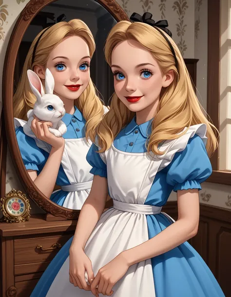 score_9, score_8_up, score_7_up, score_6_up, score_5_up, score_4_up, rating_questionable, 1girl, Alice, blonde hair, blue eyes, house, in a victorian house, mirror, blue dress, white apron,she is holding a white rabbit with victorian suit, smiling, close u...