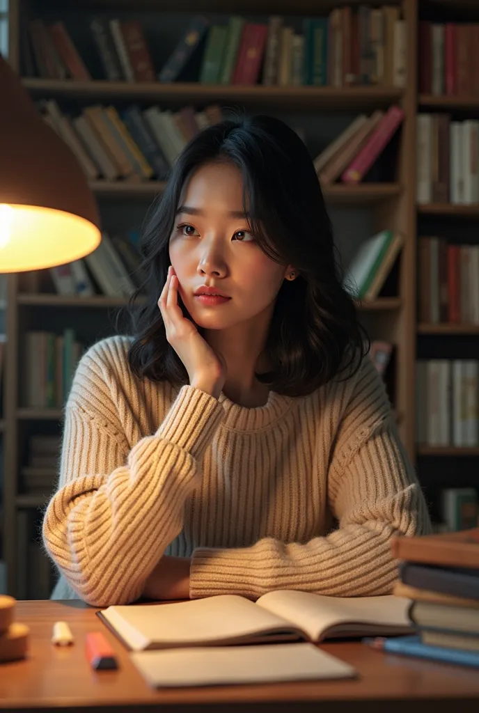 "A thoughtful Asian woman, approximately 25-30 years old, with shoulder-length silky black hair, deep brown eyes, and fair, glowing skin. She has a contemplative expression, sitting at a desk with a notebook and pen, surrounded by books and soft lamplight,...