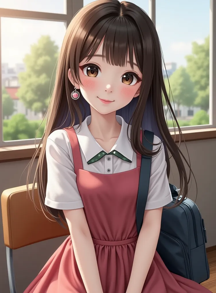  Korean schoolgirl, is sitting in the classroom with a cute expression, details:  Big Eyes , Soft Smile,  Dressing up, school bag, The view outside the window, Comfortable atmosphere,  warm lights, refinement, realistic on the hand, high resolution, HDR, V...