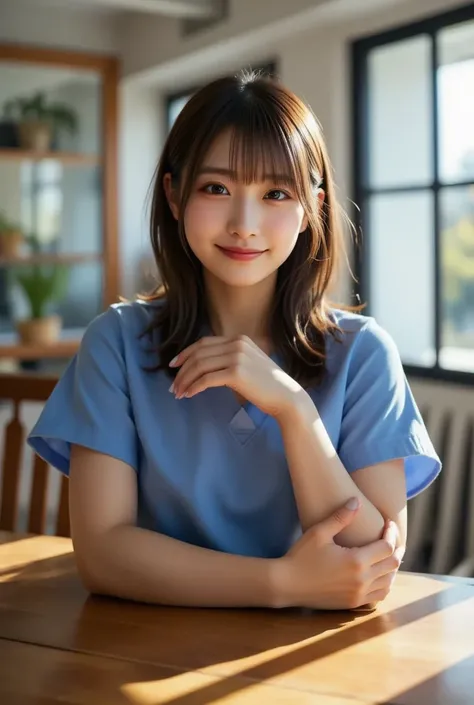 "A young woman wearing blue scrubs is sitting at a wooden table in a bright, modern living room. She is smiling and holding a smartphone in one hand. She appears to be checking her bank account online. The background is a beautiful clinic and the atmospher...