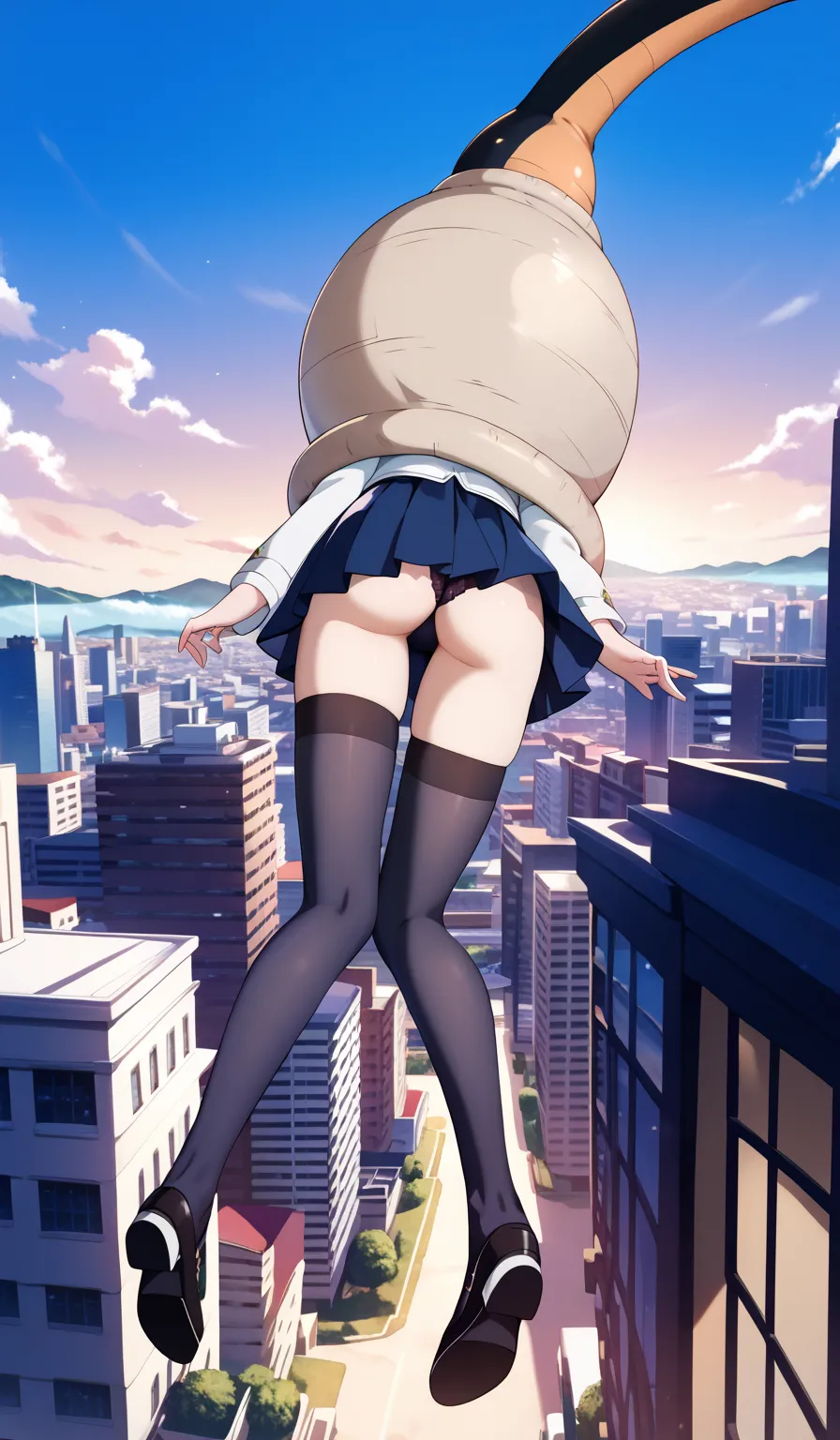 masterpiece, best quality, detailed beautiful face and eyes, very detailed background, Mami Tomoe, megami magazine, large breasts, 1girl, pleated black miniskirt, thigh highs, ass view, cityscape, (cellvore), floating, black shoes