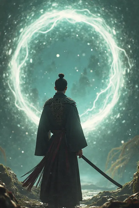 A Japanese samurai braces himself for the sudden appearance of a glowing portal in front of him, He is holding a Katana sword in his hand and is alert,