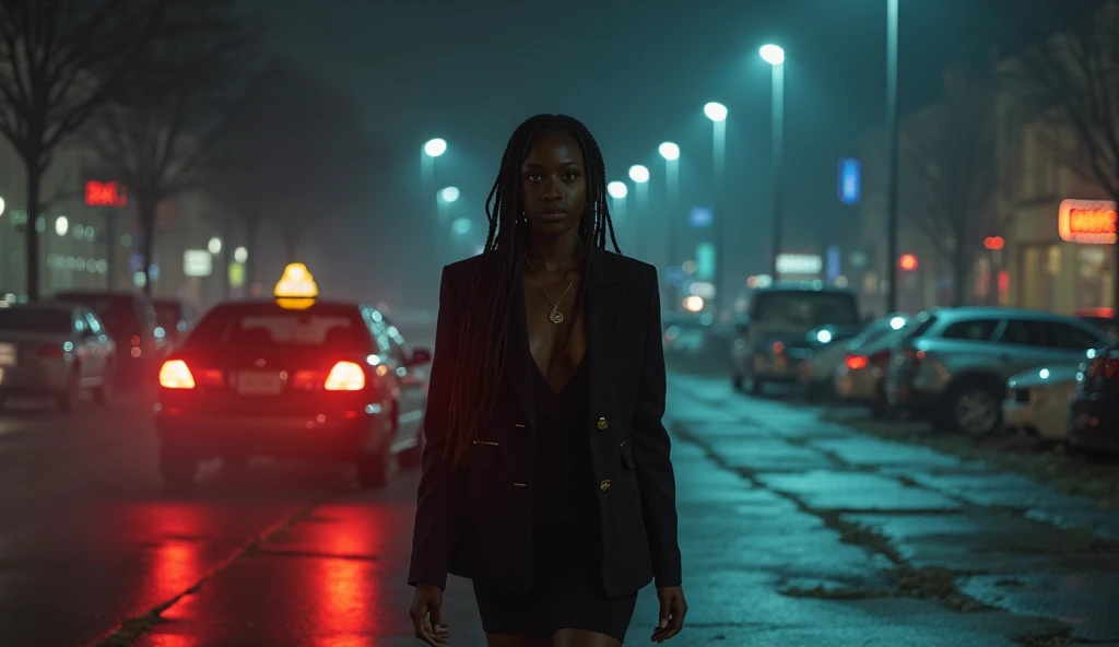 A moody night-time scene capturing Anita, a 22-year-old dark-skinned woman, striding into a dimly lit parking lot. Her shoulder-length braided hair frames her poised and confident face, her eyes carrying a blend of determination and ambition, yet with a hi...