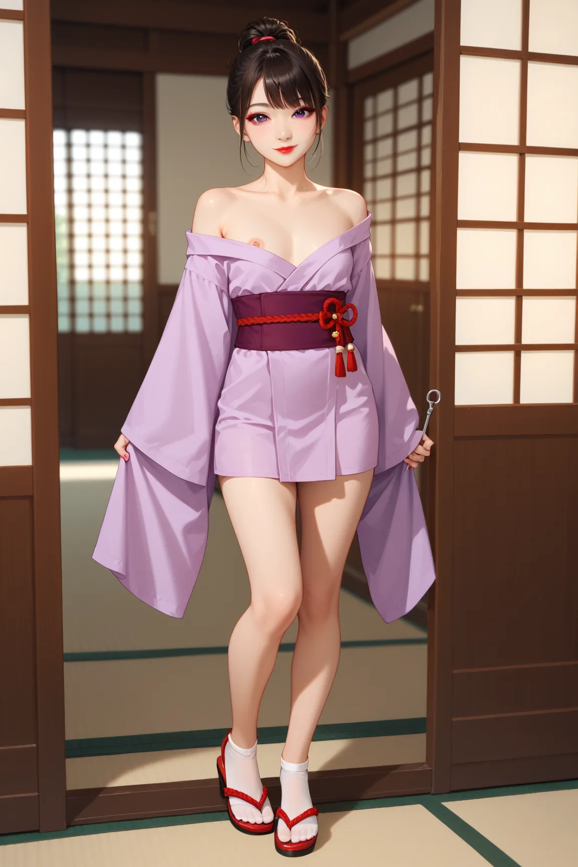  sexy asian woman, (asian face),smile, red eye shadow, pale skin, hair tied back with knitting needles, bare shoulder, skinny, full body shot, small breasts, slim body, red lips, dark brown hair, bangs on the face, big purple eyes,(short kimano:1.3), (purp...