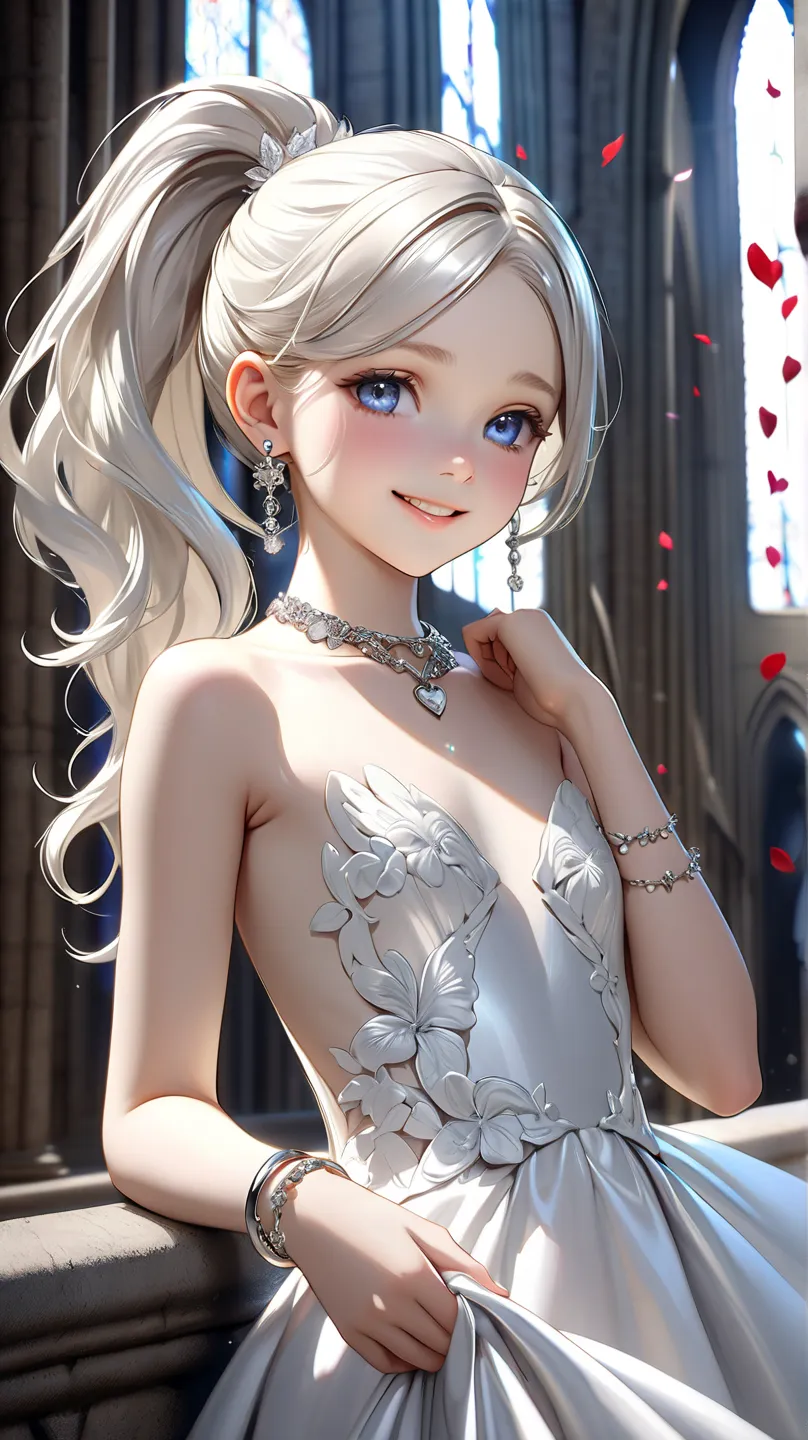 ((TOP QUALITY)), (( Masterpiece)), (details), high resolution,  super fine,8k,Realistic, delicate and sophisticated eyes,2.5D,Realistic high definition backgrounds,naked glossy albino angel girl doll,(((14years old))),glossy steel hair, ((ponytail)), steel...