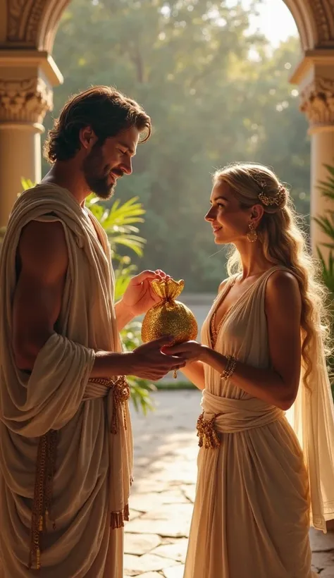 a handsome ancient greek man giving bag o gold to a beautiful greek woman , hyper realistic image 8k