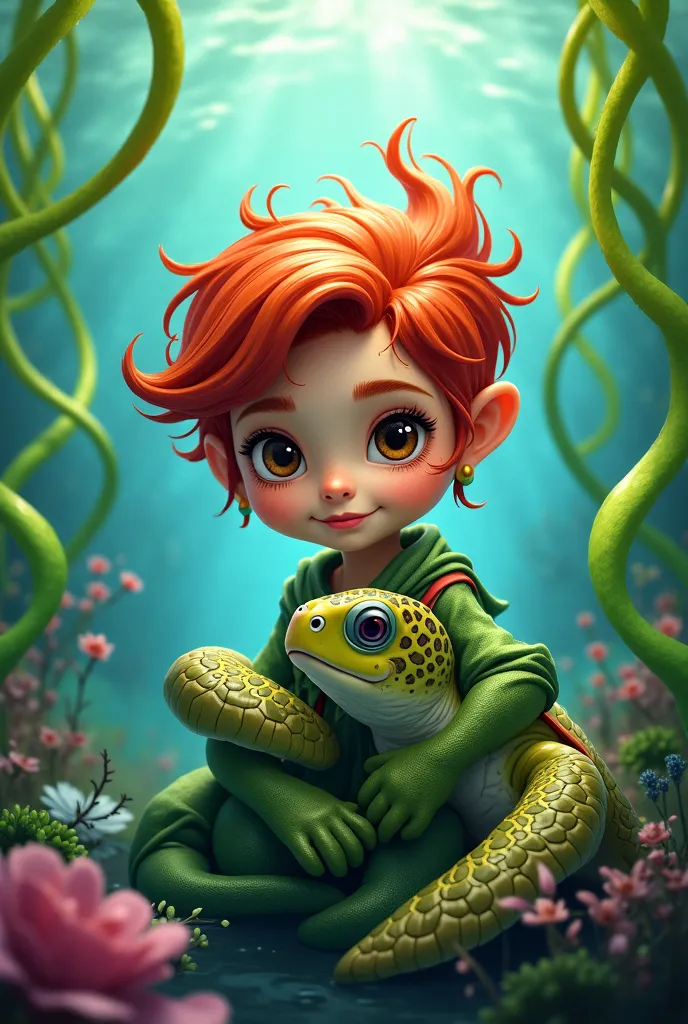 girl with curly red hair and brown eyes and Fang,His friend green dragon, With a sea turtle in an alga