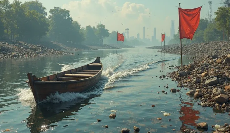 A boat is traveling on the river from left to right, there is a lot of garbage on the river, there are 3 milestones on the river and at the end of the row there is a red flag.