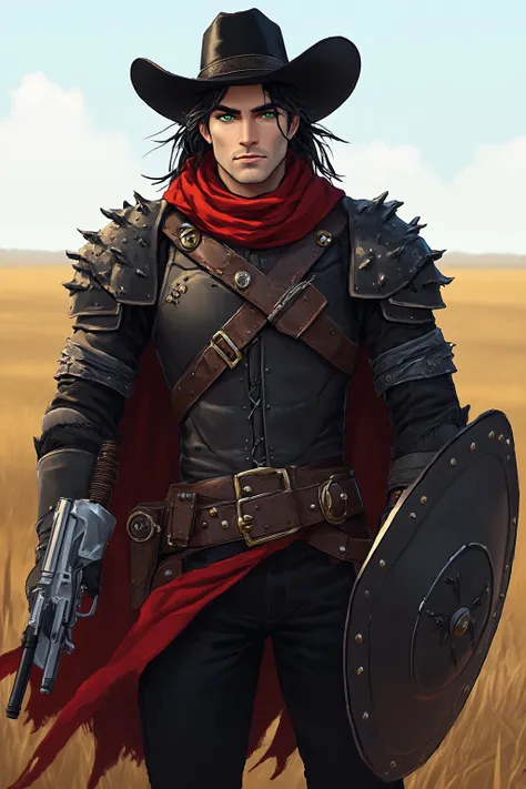 One adult Male, Black and Grey mid long hair, green Eyes, studded Leather armor with belts, black pants, red scarf, long red Muffler, black Western Hat, , Holding a Modern silver Revolver, holding a tactical shield, Full Body view, prairie background,
 