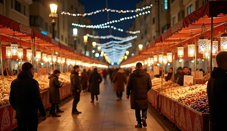 "A captivating nighttime scene of Rabat during Ramadan, with festive lights and lanterns illuminating the lively streets. The atmosphere is warm and inviting, filled with people enjoying the Ramadan spirit. Street vendors sell an abundance of traditional M...