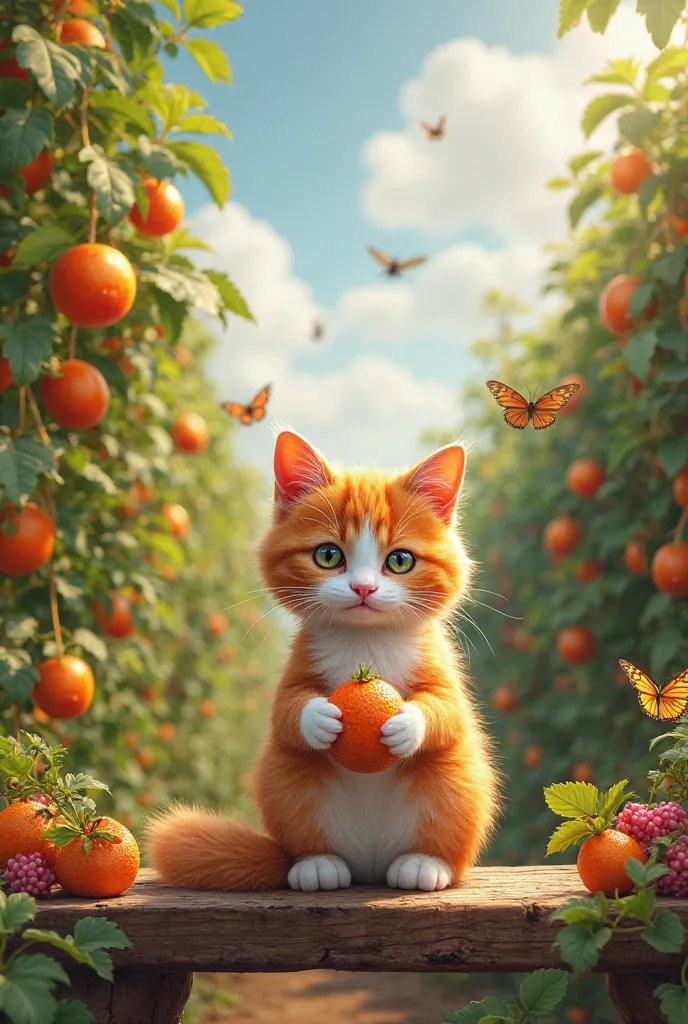 An orange cat with white patches is sitting on a rustic wooden bench, surrounded by passion fruit vines heavy with fruit. It holds a ripe passion fruit in its paws, looking at it curiously. The farm is full of life, with birds singing in the distance and b...