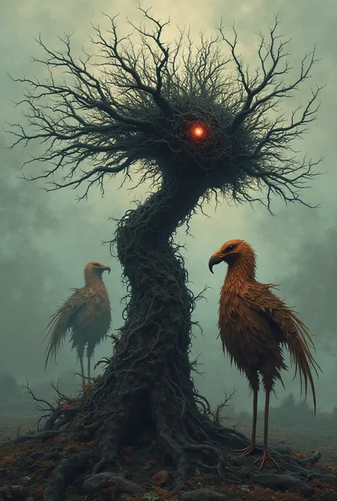 creatures that represent different emotions, such as a tree "impatience" which has dry, black foliage or bird "Resentment" which has earthy, burnt feathers.