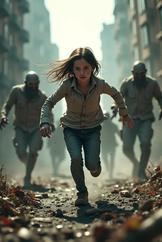 A scene where zombies chase an  girl