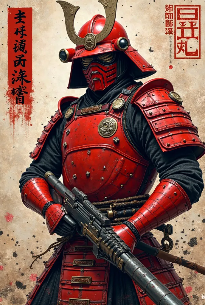 Japanese Combat Master Masada Sakura - Red Armor - Red Helmet with Sixties - Gun Long - Japanese ink painting style pattern on the background - strong、hall々Strong Posture and Powerful Sense of Being々Cool Appearance and Style: Powerful and Magnificent Japan...