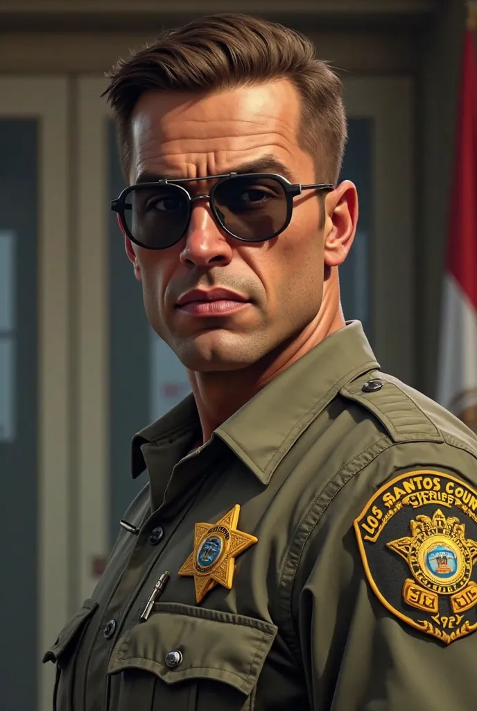 A realistic portrait of a stern but approachable male deputy sheriff in his 30s, wearing a classic Los Santos County Sheriff's uniform with a badge and aviator sunglasses. He has short, neatly trimmed brown hair, a strong jawline, and a confident expressio...