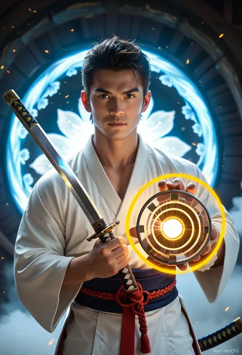 score_9, score_8_up, score_7_up, rating_safe, A Japanese samurai braces himself for the sudden appearance of a glowing portal in front of him, He is holding a Katana sword in his hand and is alert,