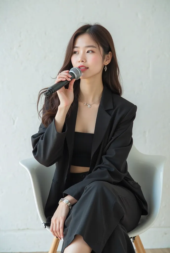 Beautiful Korean girl with young face is sitting in the white room on the white chair holding her mic and singing wearing A figure-hugging black strapless top is paired with high-waisted trousers for an elegant and sophisticated silhouette. A cropped black...