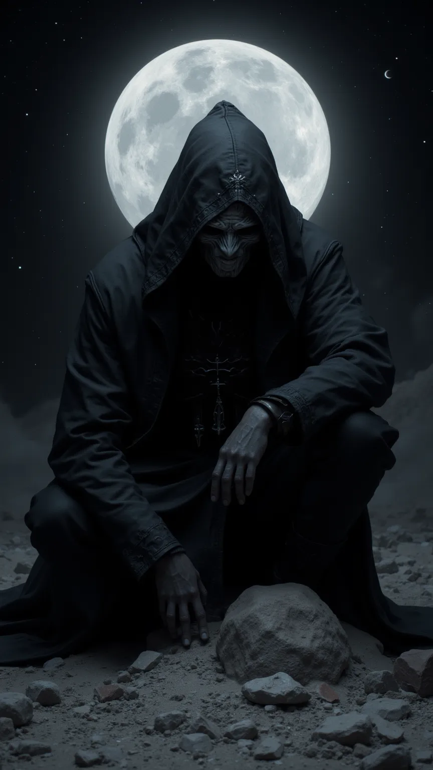 HYPER REALISTIC PHOTO, high quality, Mirror Finish, 8k, wallpaper, ray tracing, A black hooded figure as dark as night with a robe made of the darkness of space, crouching on a barren grey moon in the darkness of space, black empty starry space background,...