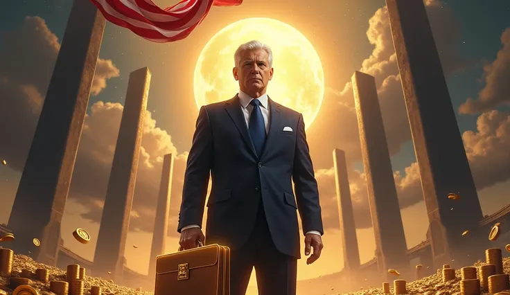 "Create a highly detailed and cinematic digital painting of a distinguished male government official standing in a surreal, otherworldly environment. He is dressed in a sharp, dark blue suit with a white pocket square, exuding power and authority. His silv...