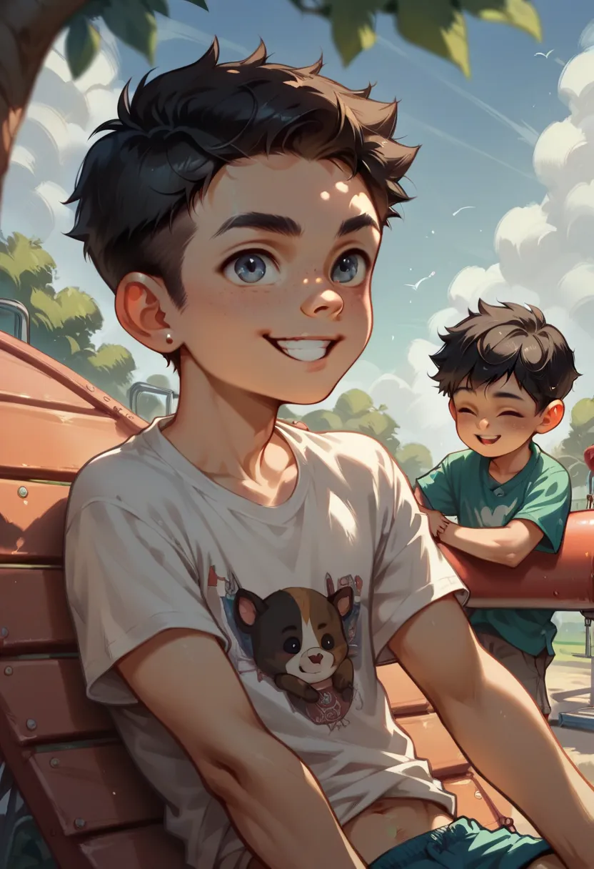 Shota Jimmy Watson boy black
hair white T-shirt half pant upper body short alone on playground big smile