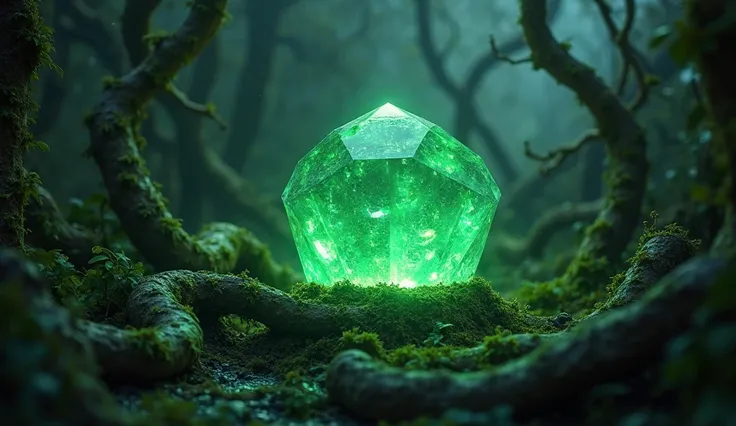 cinematic style close-up

A glowing, green gemstone  hidden deep within a dark, enchanted valley with mist and twisting vines.