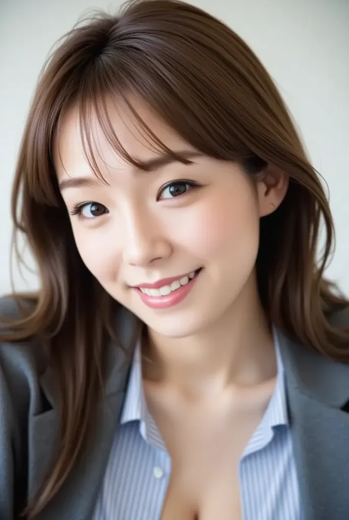 Japanese girl, , slender,bangs,long hair,smile,Small face,upper_body,business suit,high image quality ,  Open your mouth wide  , masterpiece,  Top Quality,  人body解剖学的に正確な,